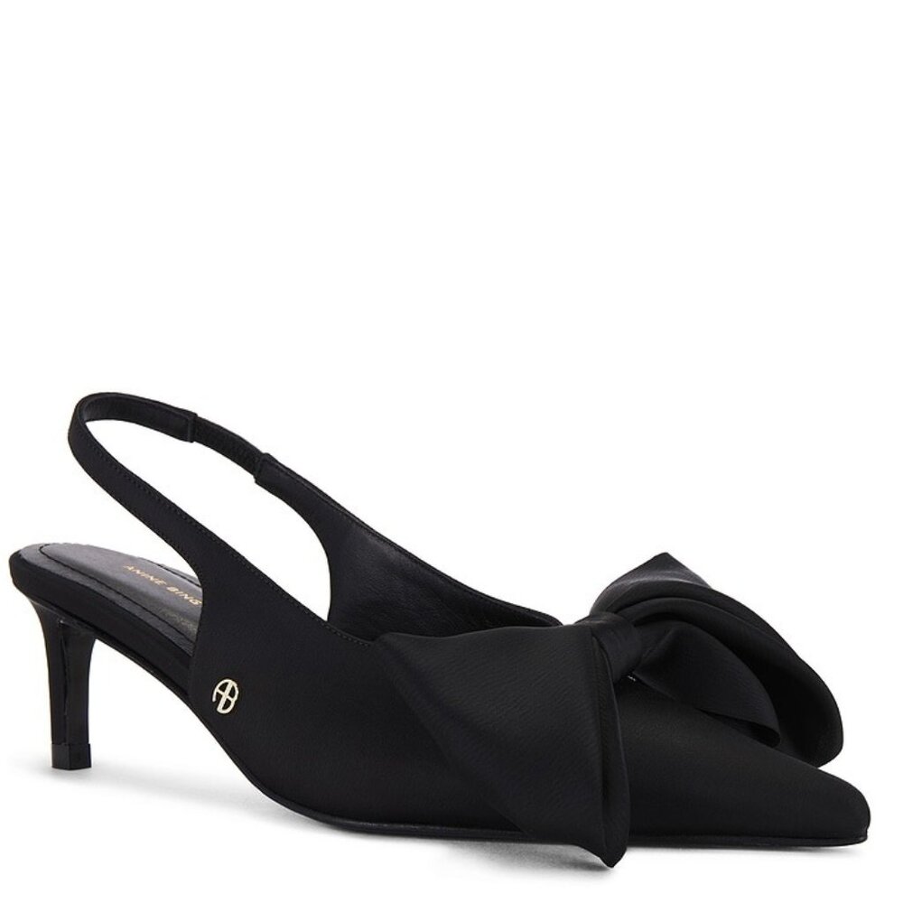 ANINE BING Nina Heels With Bow in Black Satin SLINGBACK KITTEN HEEL LEATHER